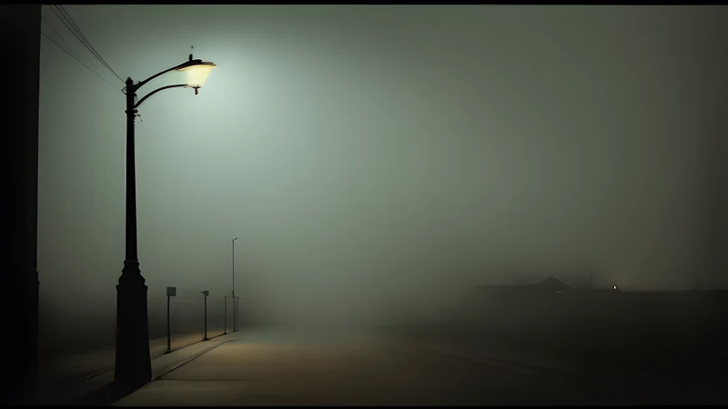 A street lamp glowing in thick fog with a trilby hat resting beneath it