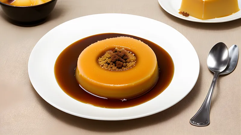 An unmoulded leche flan with glossy amber caramel running down its sides onto a plate