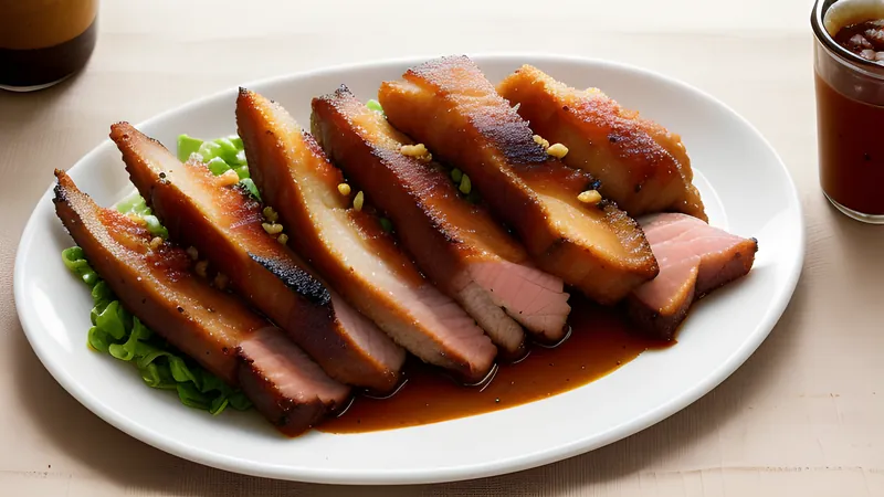Sliced lechon kawali pork belly with blistered crackling stacked on a board