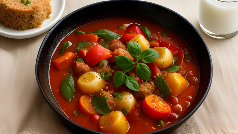 A pan of pale yellow peppers collapsed into red tomato stew, flecked with paprika, on a linen cloth