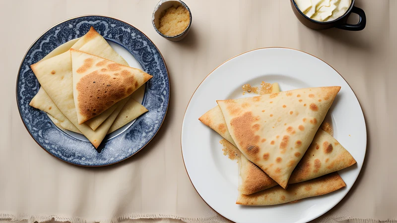 Stack of thin freckled potato lefse rounds on a cloth, one rolled up with butter, sugar and cinnamon, a wooden turning stick beside