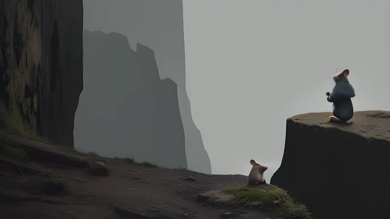 Small rodents at a snowy cliff edge with a film-camera rig looming behind them