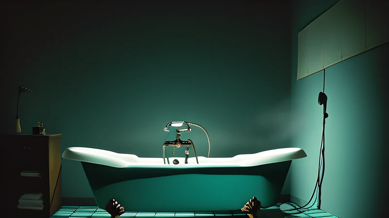 A drained swimming pool at night beside a shuttered school building, repertory-poster style in teal and amber