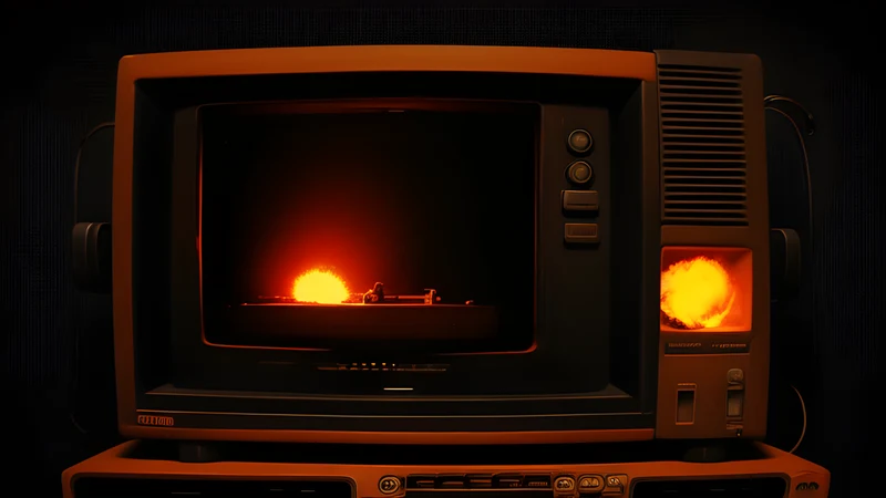 A reel of film feeding directly into a cartridge slot, lit by amber CRT glow