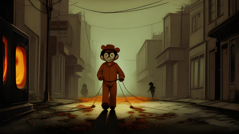 A puppet-boy figure trailing loose strings down a rain-lit, plague-ridden street