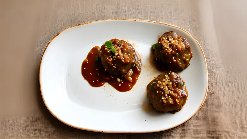Dark-browned meatballs in a glossy brown sauce with boiled potatoes and lingonberry on the side