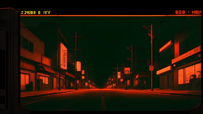 A neon-lit island street rendered in warm CRT amber, evoking a brawler's night out