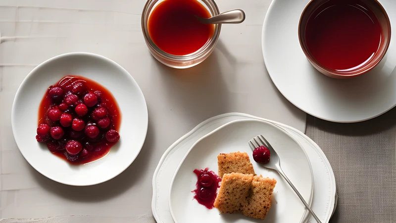 Bowl of glossy dark red raw-stirred lingonberries with a wooden spoon, sugar crystals visible, on a linen cloth