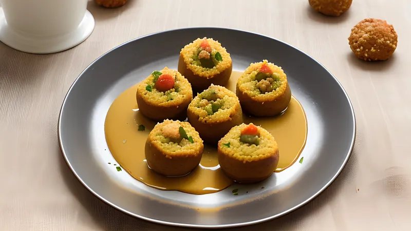 Cracked-open roasted wheat balls with visible spiced filling, beside a bowl of dark smoky mashed vegetables