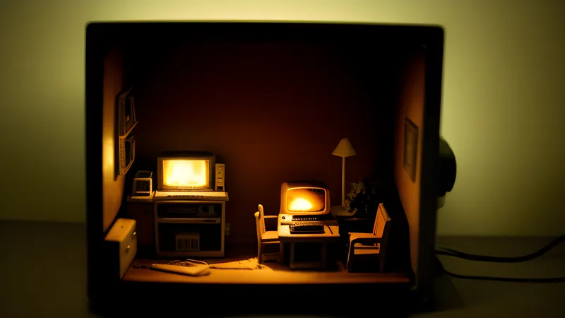 A cutaway grid of glowing amber rooms on a dark CRT, phosphor bloom and scanlines across an empty lit house