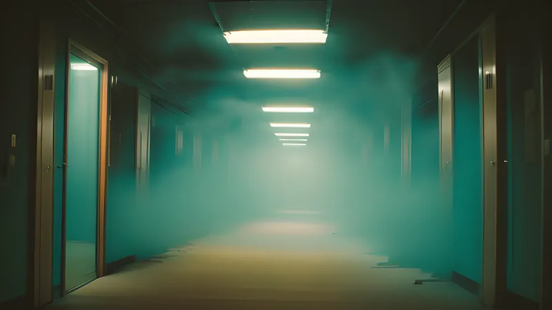 A dream corridor lined with fogged glass and drifting feathers, teal and amber repertory-poster lighting