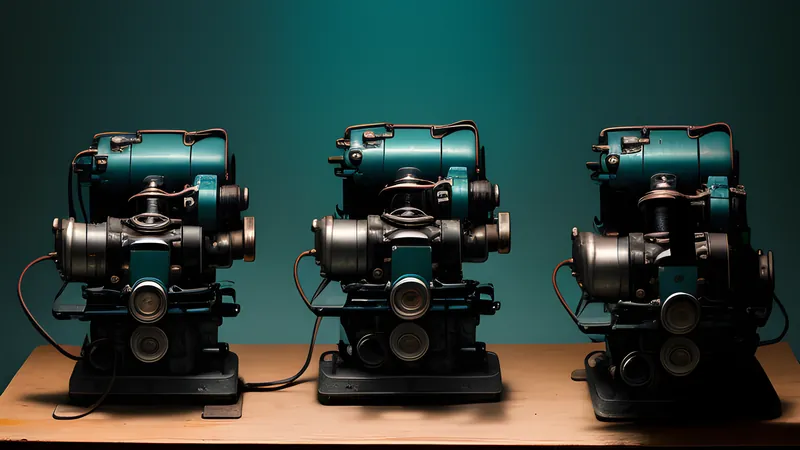 Three engines of different sizes on a workbench feeding one glowing manifold, editorial illustration in soft blue light