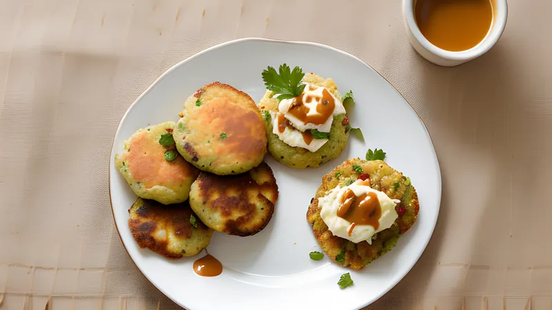 Golden griddled llapingachos potato cakes split open to show melted cheese, served with peanut sauce and avocado