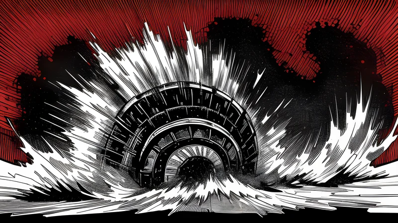 A monolithic wall of amplifiers under strobe light, synth glow bleeding crimson through ink-splattered darkness