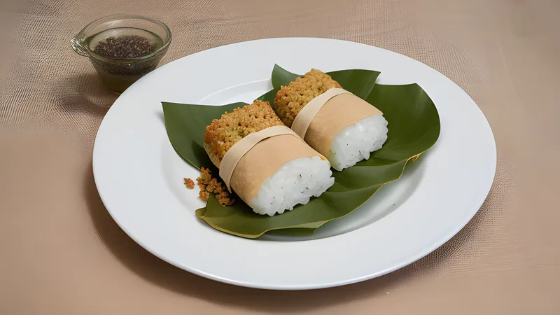 An opened lotus-leaf parcel of glossy sticky rice with chicken and mushroom, steam still rising