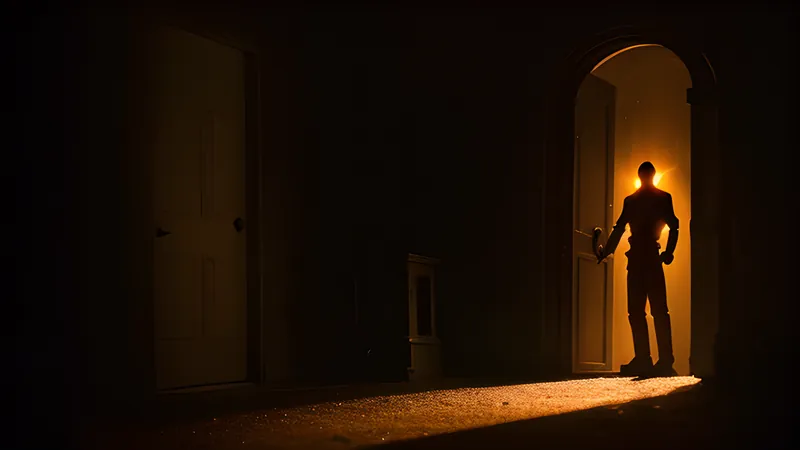 A glowing sentinel figure with a clipboard directing streams of light-figures toward several doorways