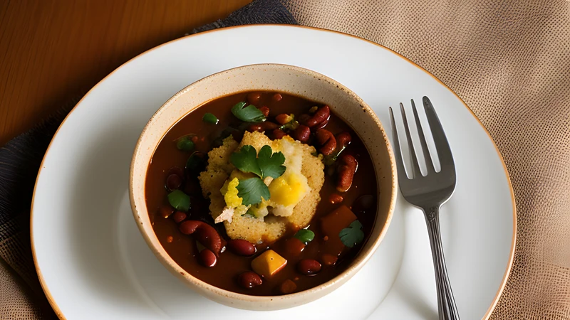 A clay pot of dark red bean stew with walnuts and coriander, beside a wedge of cornbread