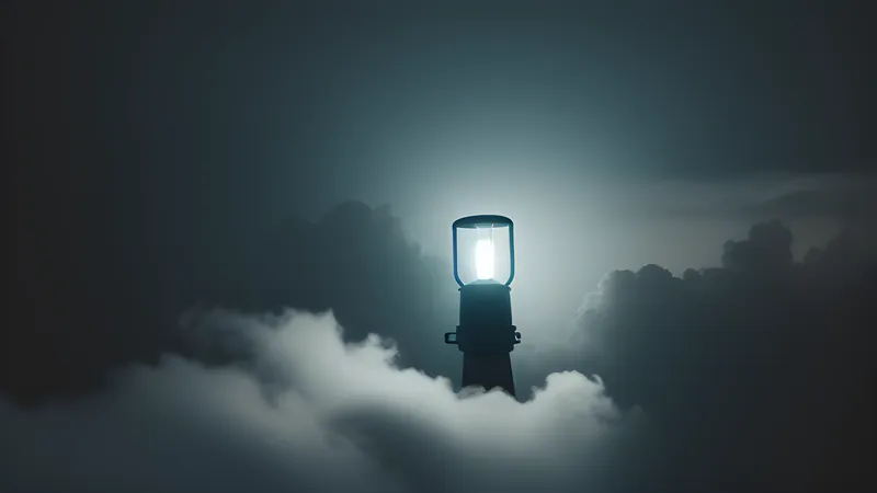 A glowing anchored device holding its own light steady while distant cloud shapes flicker and dim