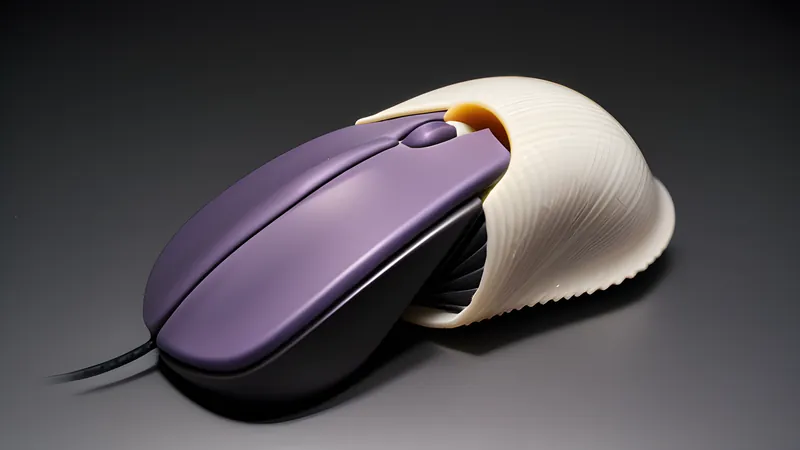 An invented sculpted ergonomic mouse shell beside a plain boxy mouse shell, both cutaway to show their scroll wheel mechanisms