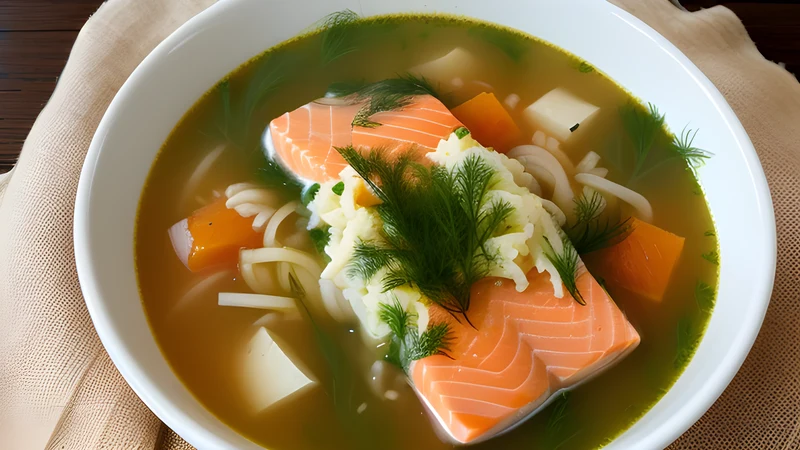 A bowl of pale pink salmon soup with potato chunks and a heavy scatter of fresh dill, a knob of butter melting on top