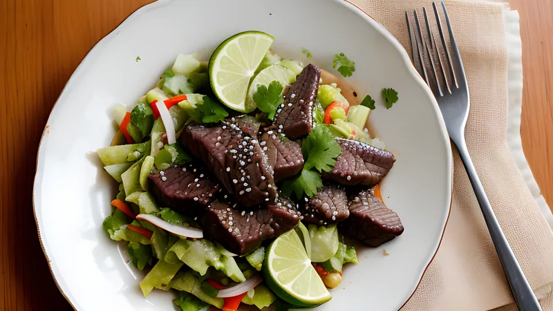 Cubes of seared beef lok lak over lettuce and tomato with a lime pepper dip