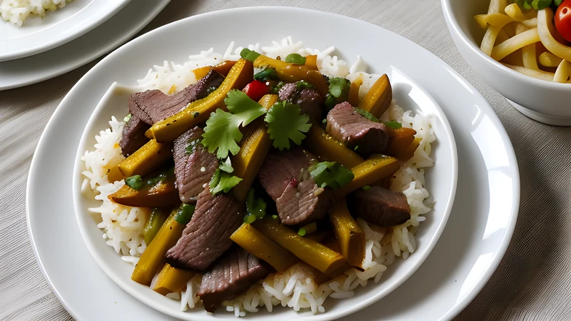 Stir-fried beef strips with red onion and tomato piled over chips, rice to the side