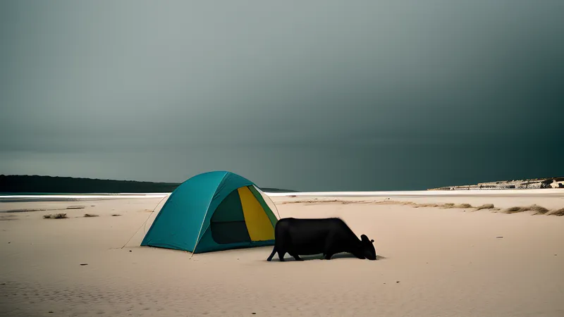 A lonely beach campsite at dawn with the bulk of a dead sea-cow lying on the sand nearby