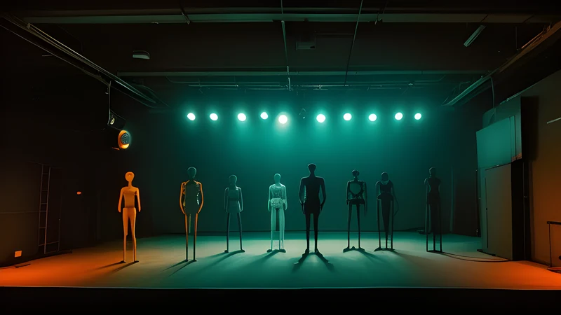A photographic studio filled with wireframe mannequins under hard light