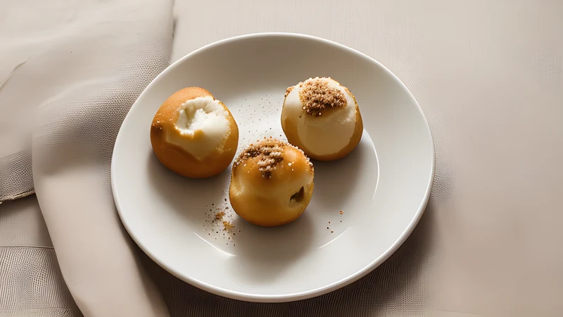 A bowl of small round fried dough balls drenched in honey and scattered with crushed walnuts and cinnamon