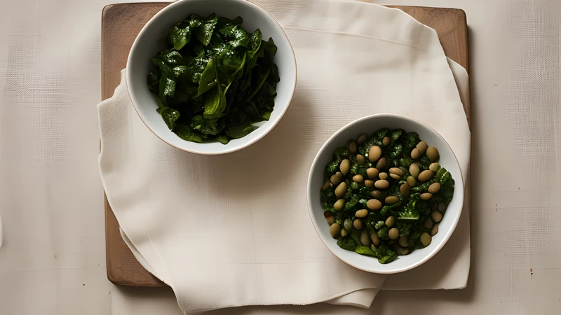 A bowl of black-eyed beans with dark greens, olive oil and charred lemon halves