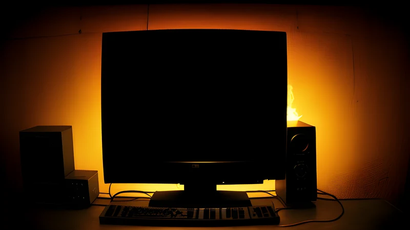 A script engine drawn as an empty stage with verbs hanging in the air, amber phosphor glow and scanlines
