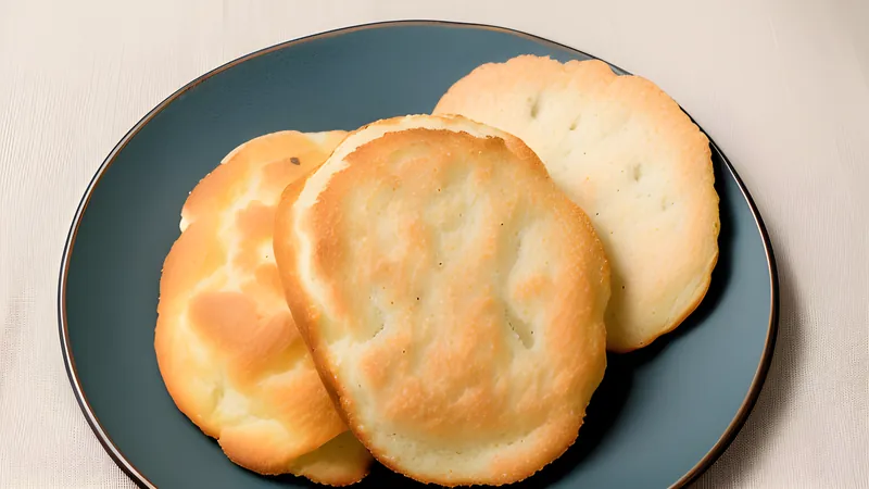Golden puffed luchi breads stacked on a plate, freshly fried and glossy