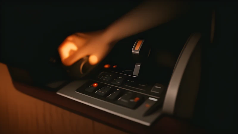 A dormant glowing drive in darkness while a distant hand turns a key at a remote console