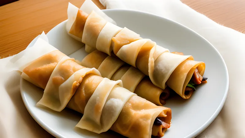 A pile of golden fried lumpia Shanghai spring rolls with a bowl of sweet chilli dip