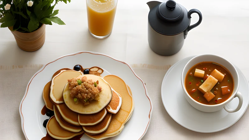 A clay pot of pale pork gravy with a stack of thick pancakes beside it, one torn and dipped