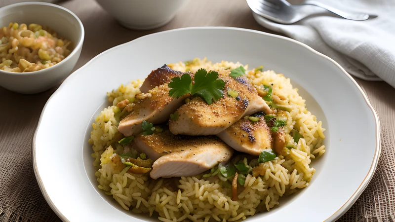 A platter of golden Bahraini machboos rice with chicken pieces and crisp fried onions on top