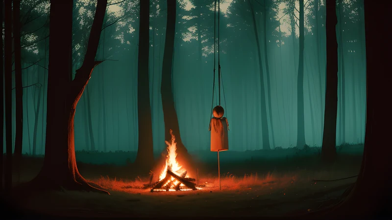 A campfire burning low in dark woods, a noose hanging from a heavy branch just beyond the light