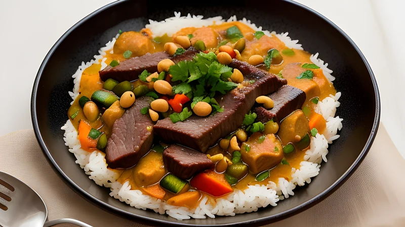 A bowl of rich reddish-brown peanut stew with beef and vegetables served over white rice