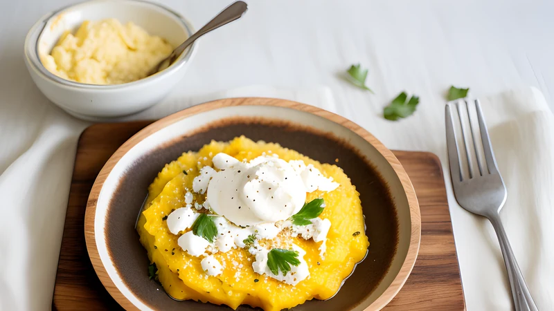 Golden mămăligă cornmeal on a wooden board topped with crumbled brânză cheese and a spoon of soured cream