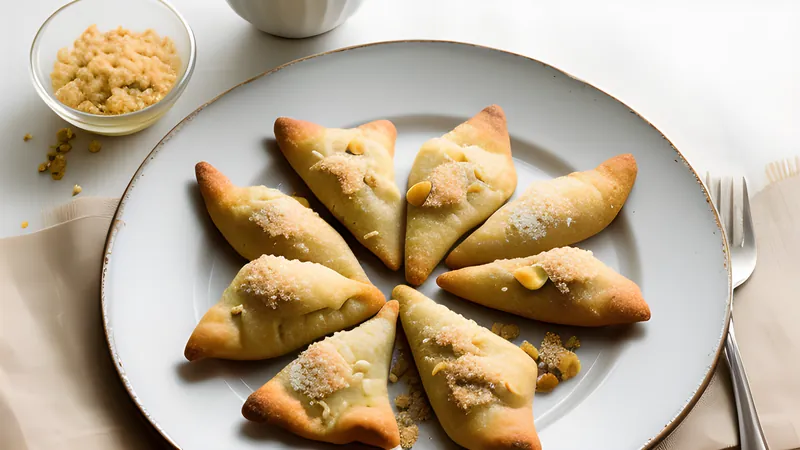 Golden triangular fried doughnuts dusted with sugar, stacked beside a cup of spiced chai