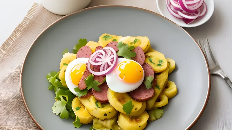 A plate of smooth mashed green plantain topped with pickled red onion, beside fried egg, cheese and salami