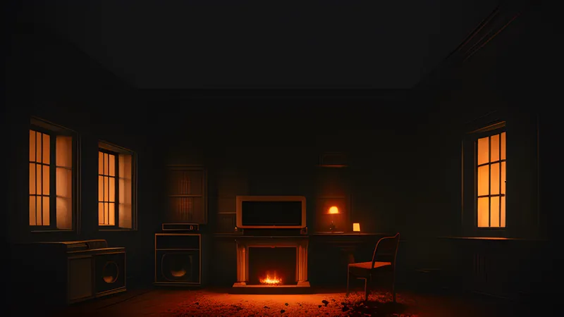 A spooky mansion facade with lit upstairs windows against a dark, phosphor-lit night sky