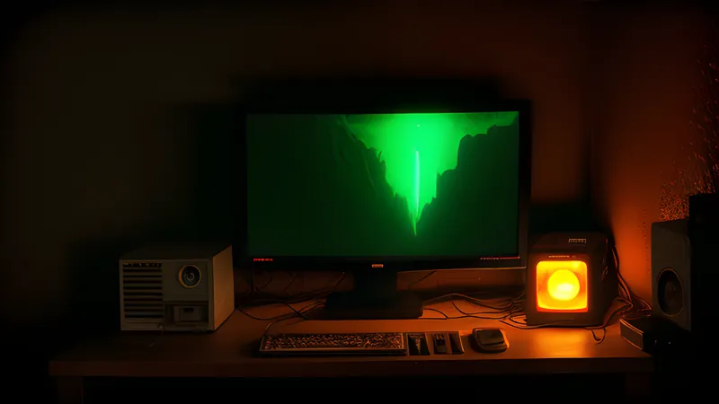 A cavern of glowing platforms stacked upward in stark pixel-green light, CRT phosphor bloom