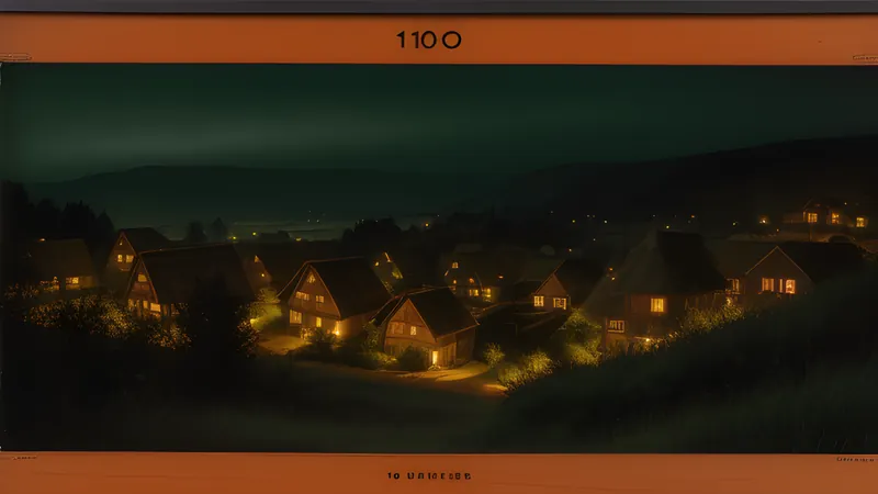 A timber-and-thatch village spreading across a green medieval hillside at dawn