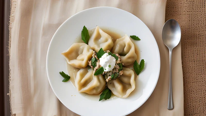 A plate of pleated steamed manti dumplings topped with soured cream and dried mint, one dumpling split to show the lamb filling
