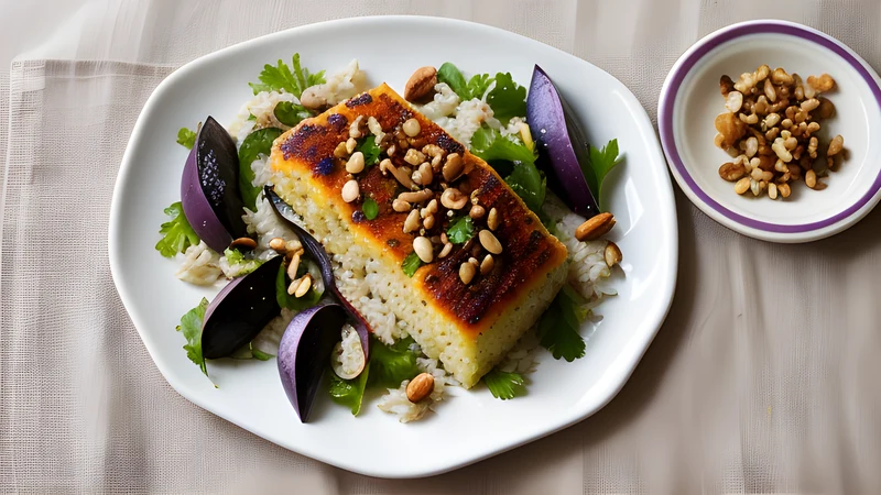 A maqluba turned out onto a platter as a rice cake topped with chicken and fried aubergine, scattered with toasted almonds