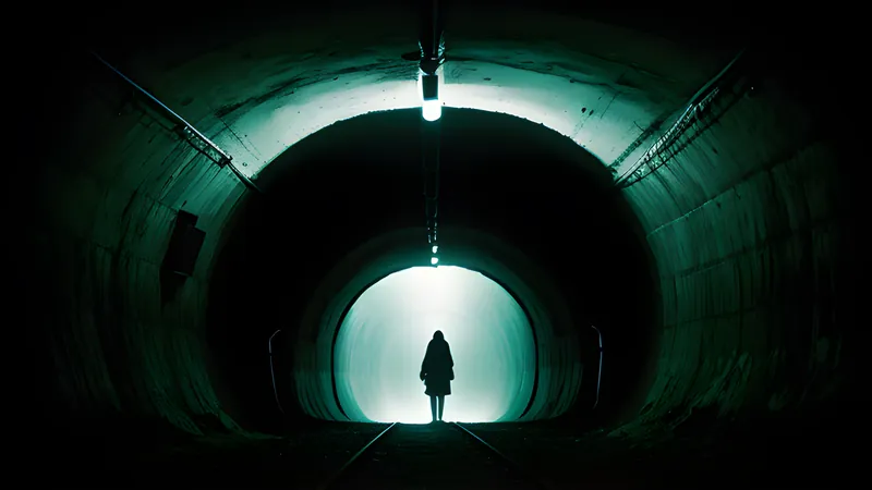 An underground tunnel descending into blue dark, rendered as a repertory cinema poster in teal and amber