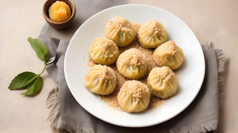 Four apricot dumplings coated in golden buttered breadcrumbs on a plate, one cut open to show the whole apricot inside