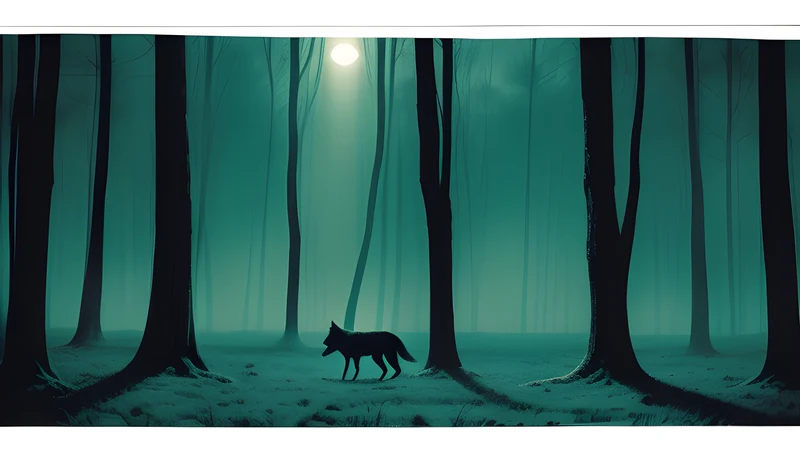A bare medieval winter forest with wolves standing at the treeline