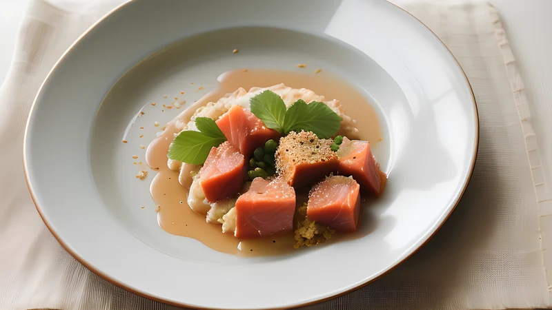 A pot of marmitako: chunks of tuna and torn potato in a brick-red pepper broth, with a wooden spoon resting in it